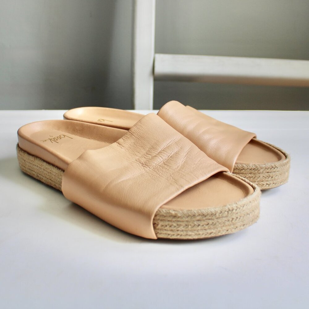 Beek Women's Beach Honey Tan Pelican Jute Platform Leather Sip-on Sandals SZ 9